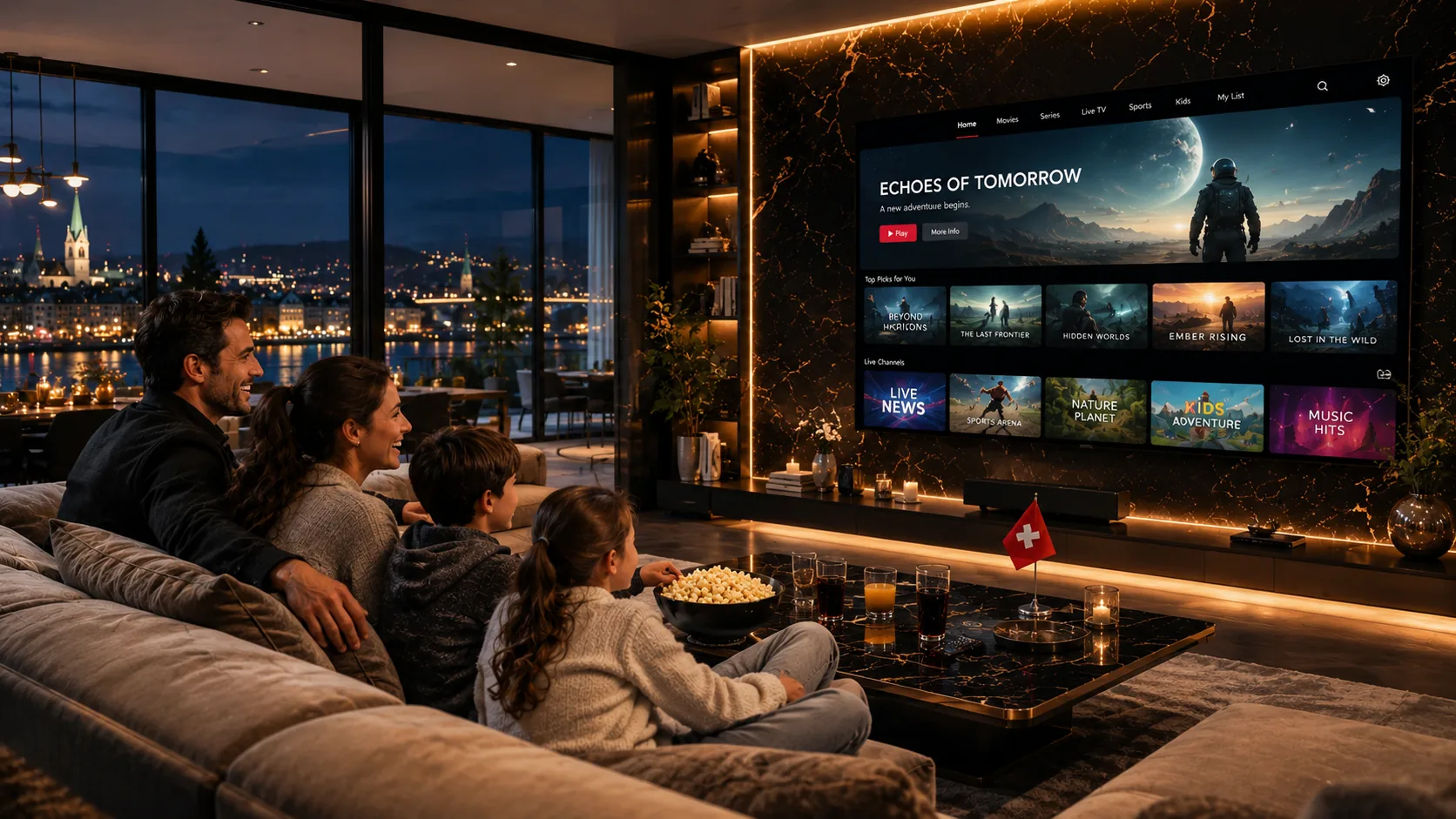 Familie geniesst TV Schweiz IPTV gemeinsam auf dem Smart TV — verschiedene Inhalte wählbar