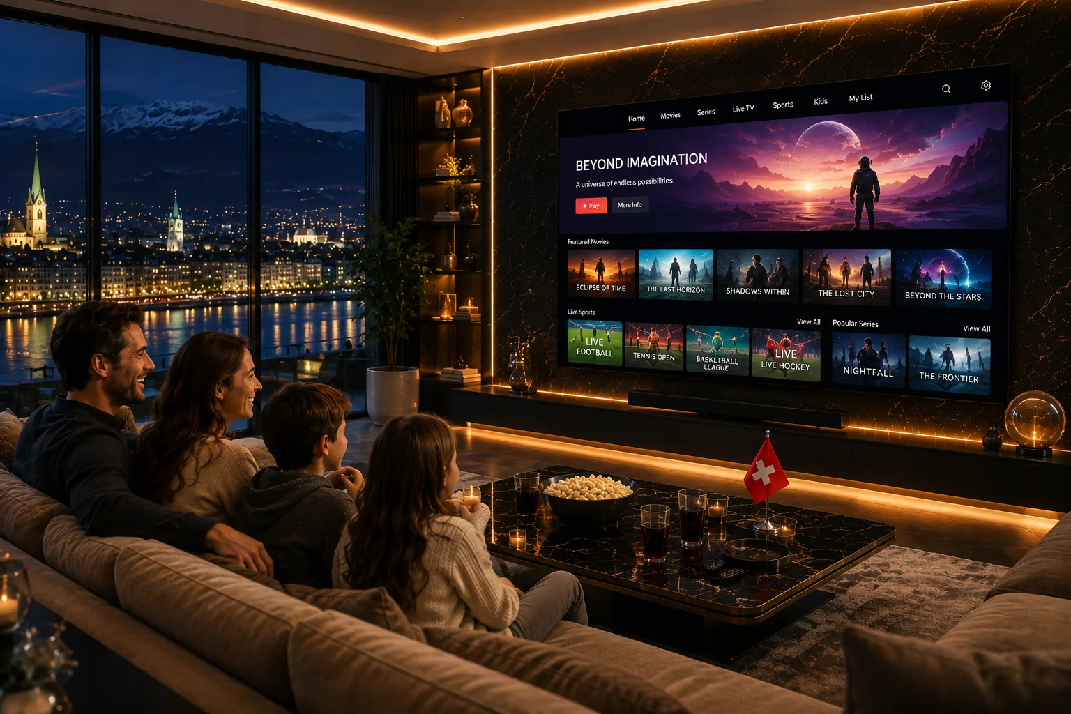 Familie richtet TV Schweiz IPTV auf dem Smart TV ein — Sport und VOD Navigation auf dem Bildschirm