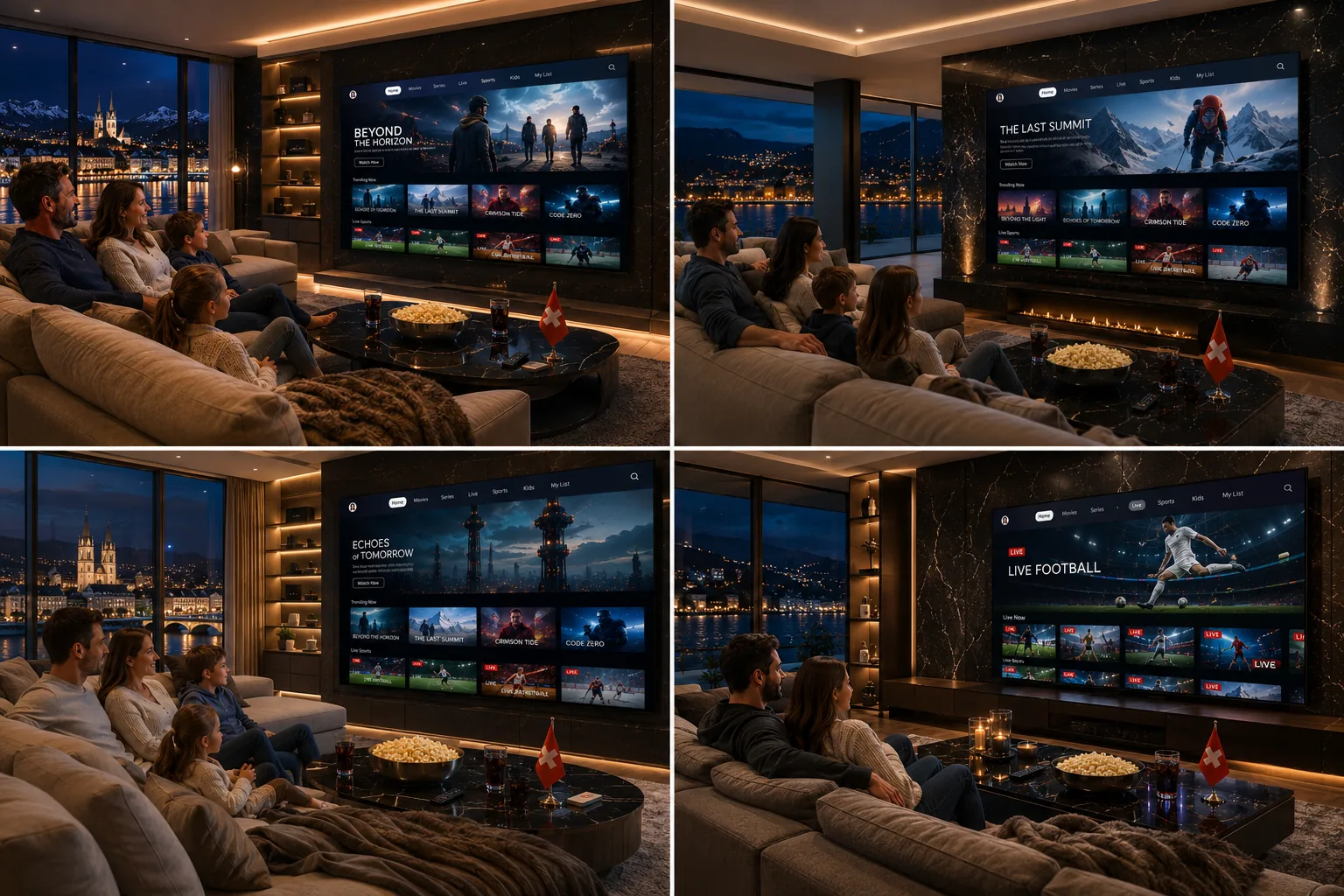 TV Schweiz IPTV VOD Übersicht — 4 verschiedene Filmkategorien auf einem Screen: Action, Serien, Sport, Kinder